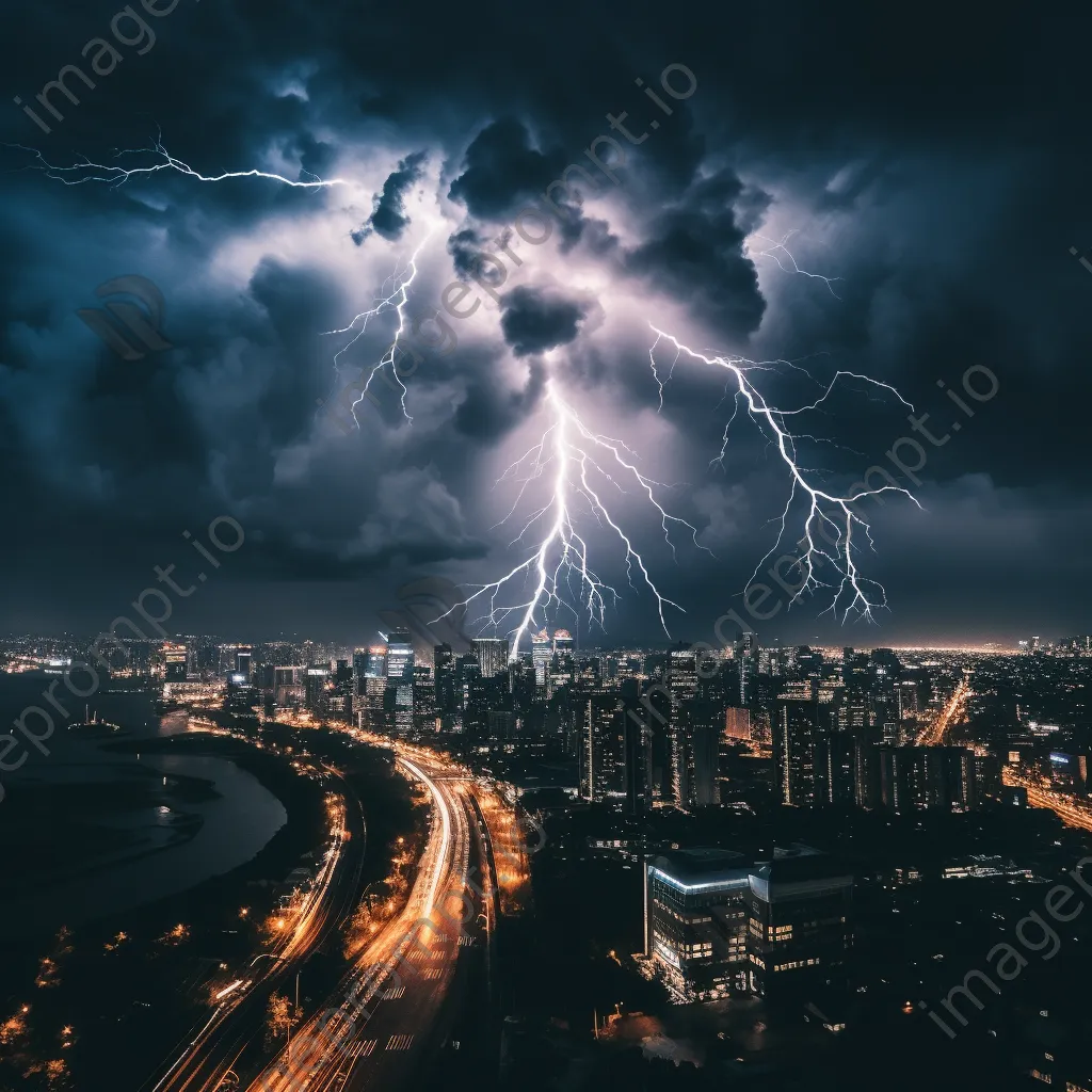 Thunderstorm with lightning striking a dark cityscape. - Image 2