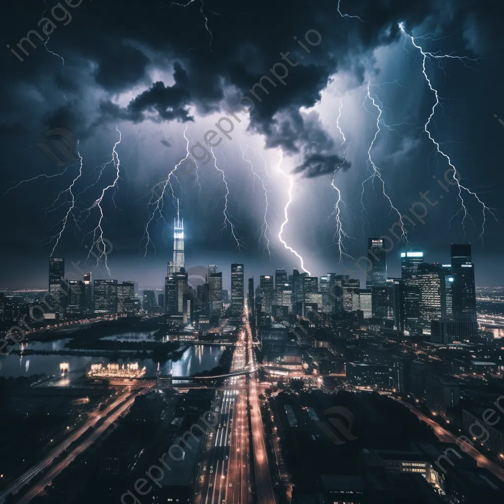 Thunderstorm with lightning striking a dark cityscape. - Image 4