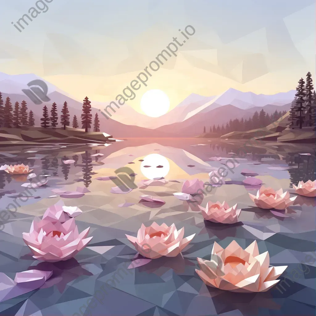 Low poly depiction of serene lake at dawn with water lilies and misty reflections - Image 1