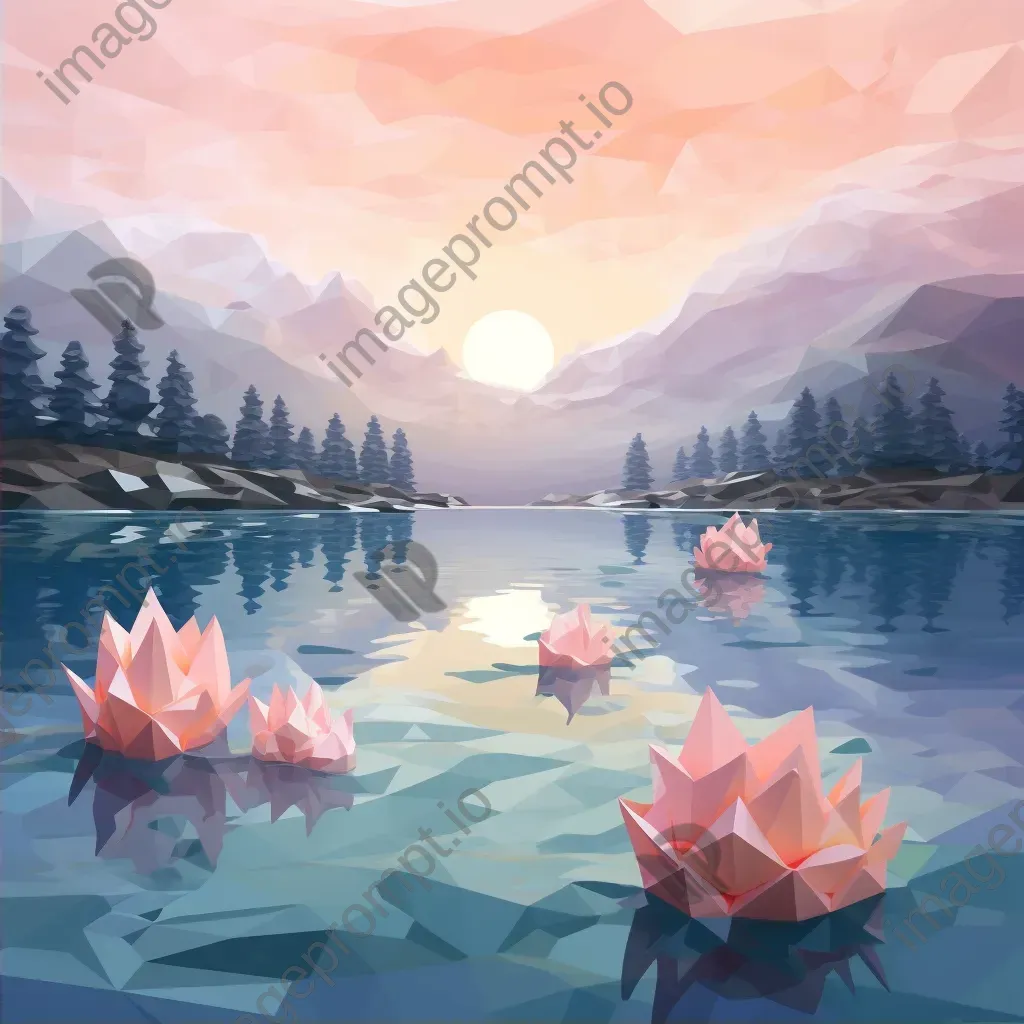 Low poly depiction of serene lake at dawn with water lilies and misty reflections - Image 2