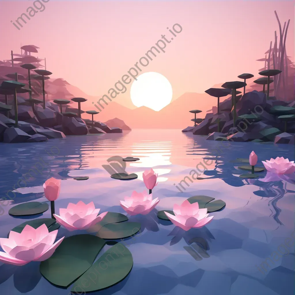 Low poly depiction of serene lake at dawn with water lilies and misty reflections - Image 3