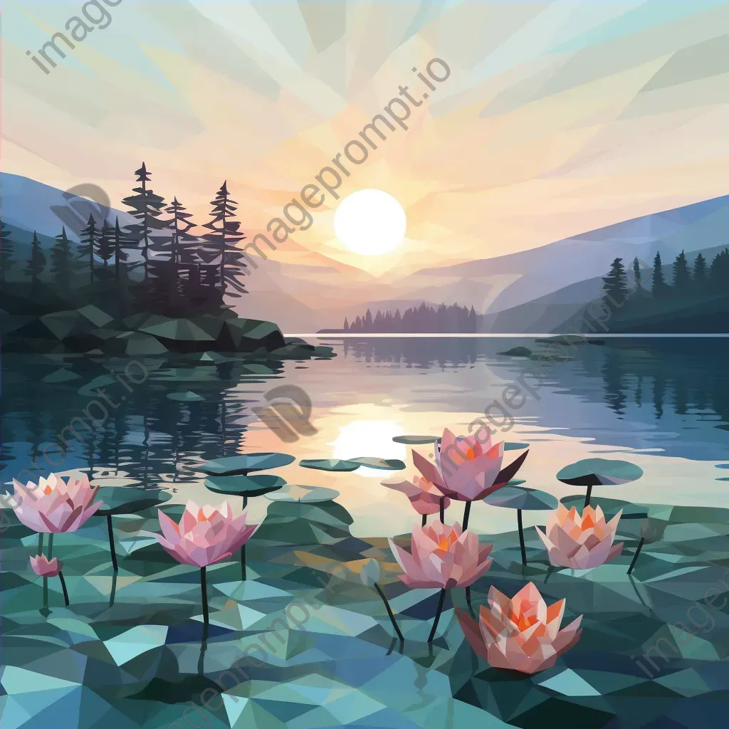 Low poly depiction of serene lake at dawn with water lilies and misty reflections - Image 4