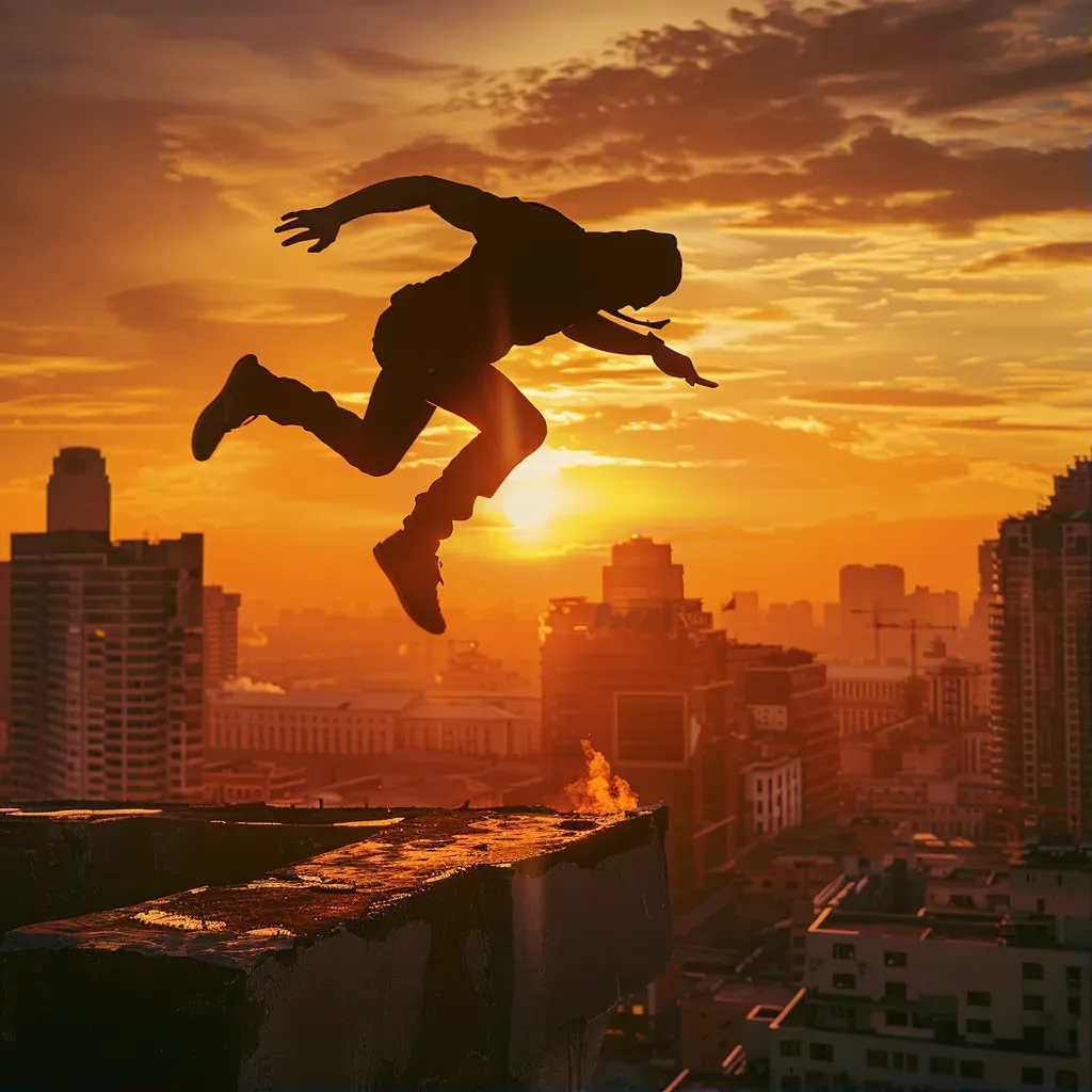 Parkour athlete leaping across skyline rooftops - Image 1