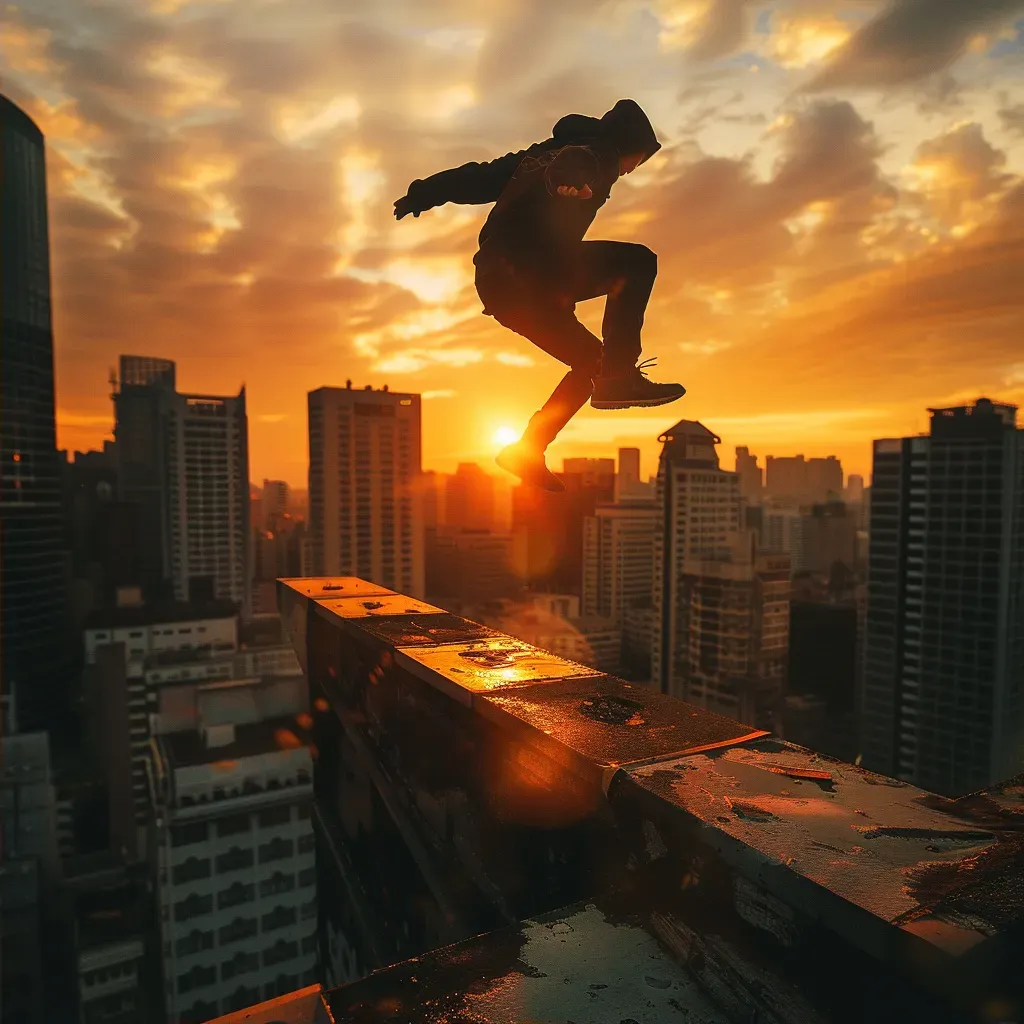 Parkour athlete leaping across skyline rooftops - Image 2