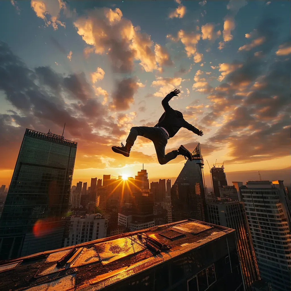 Parkour athlete leaping across skyline rooftops - Image 3