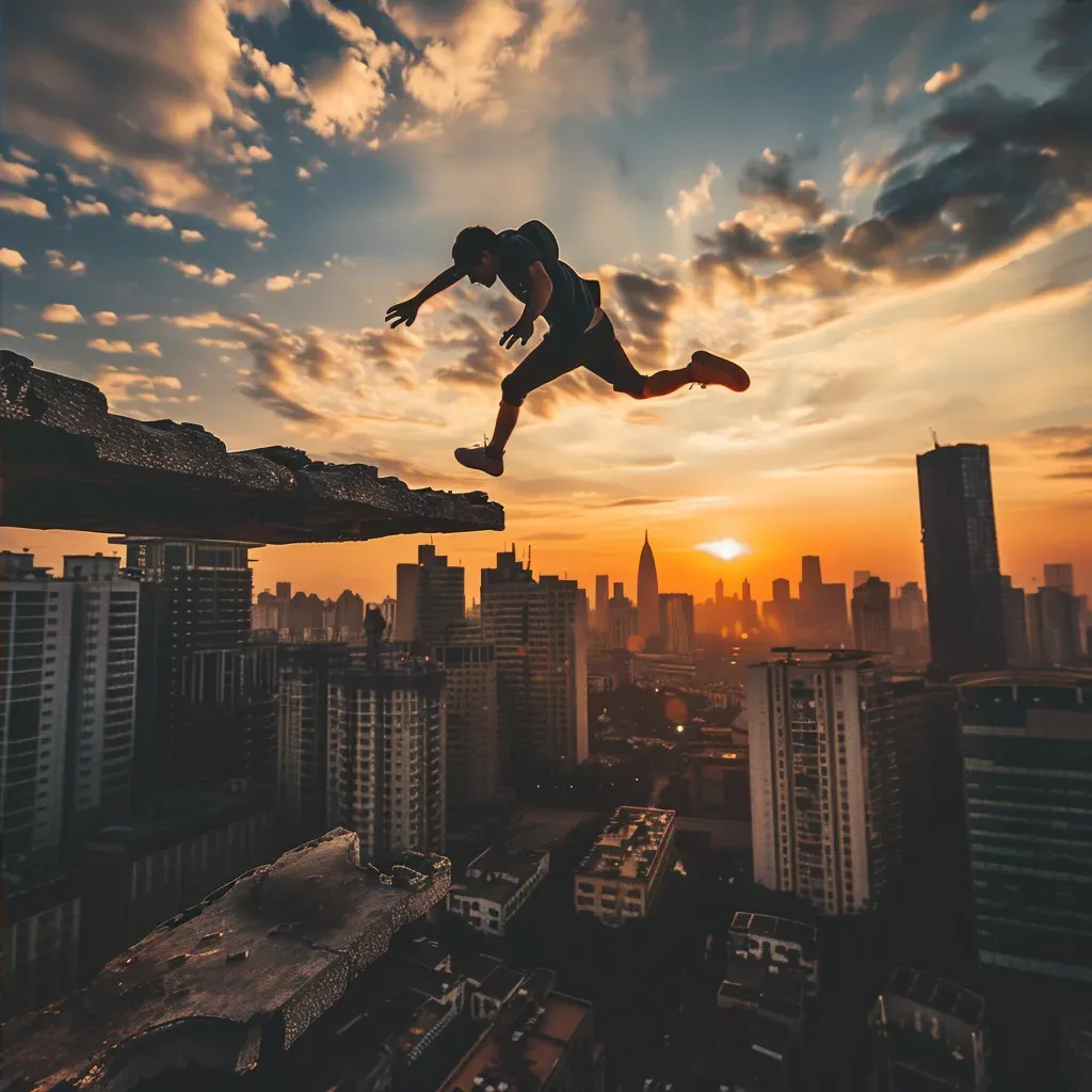 Parkour athlete leaping across skyline rooftops - Image 4