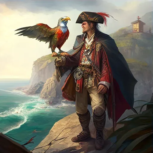 Pirate with treasure map and parrot watching horizon - Image 3