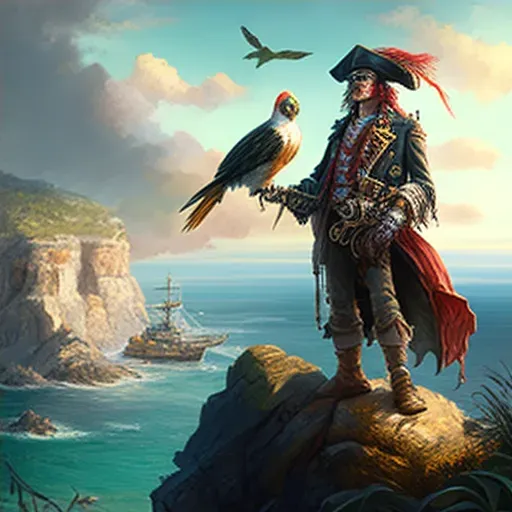 Pirate with treasure map and parrot watching horizon - Image 4