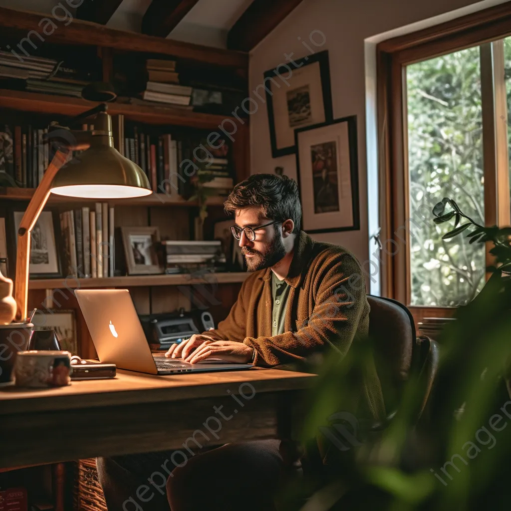 Individual in a home office developing cybersecurity strategies on a laptop - Image 2