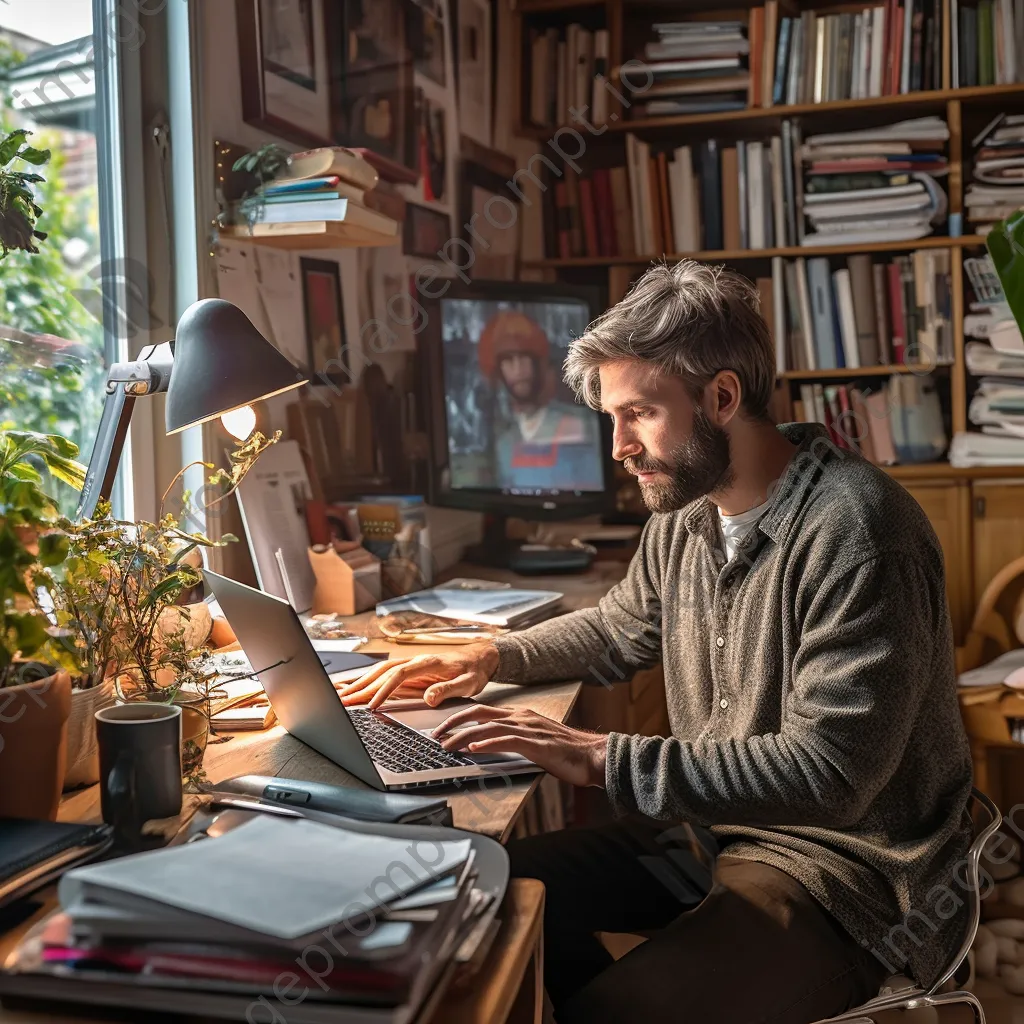 Individual in a home office developing cybersecurity strategies on a laptop - Image 3