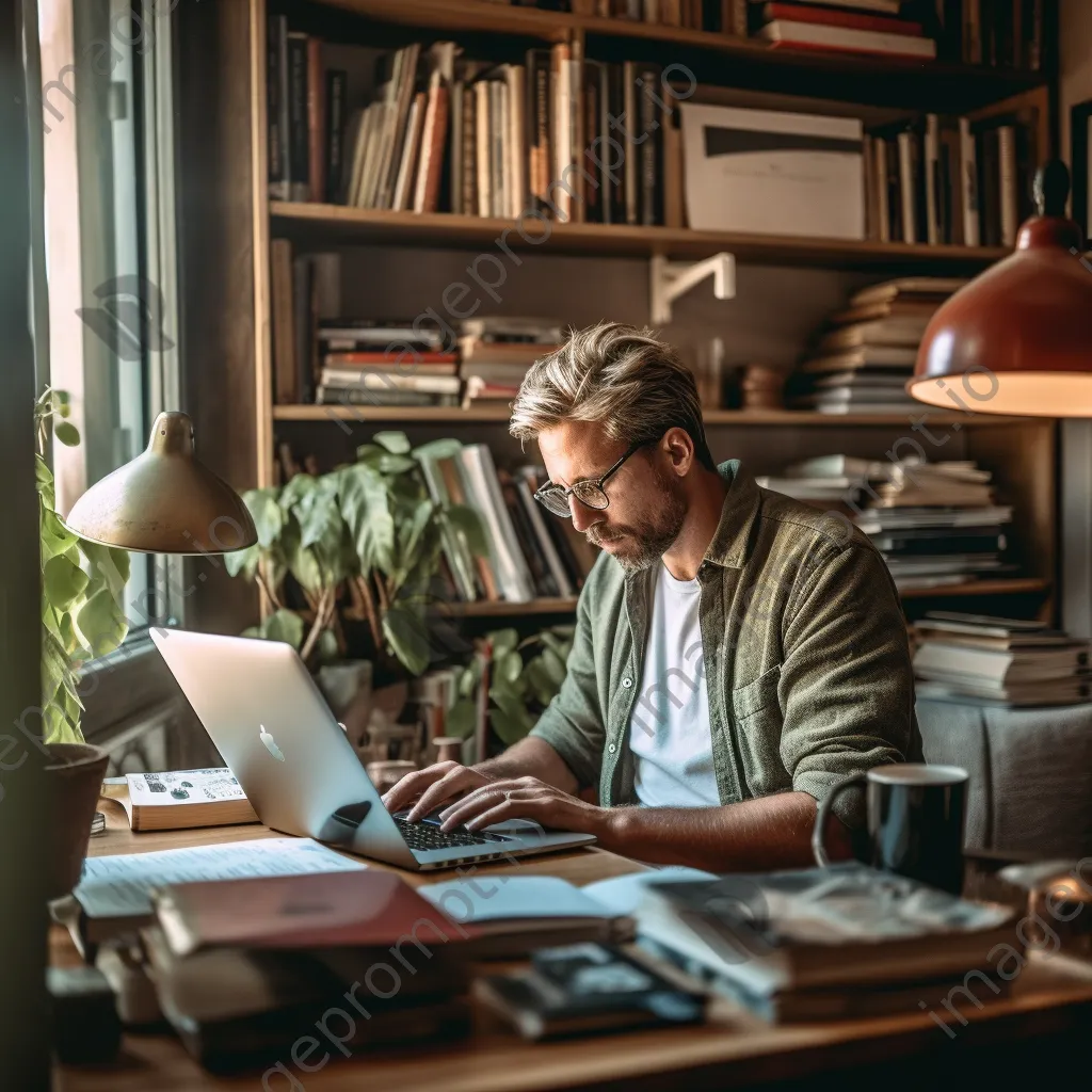 Individual in a home office developing cybersecurity strategies on a laptop - Image 4