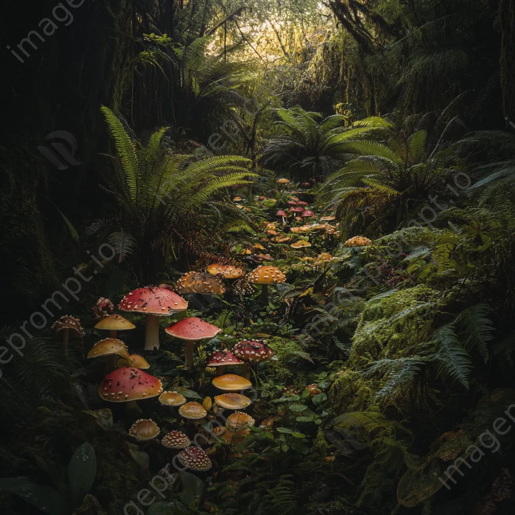 Diverse rainforest floor with colorful mushrooms and ferns - Image 1