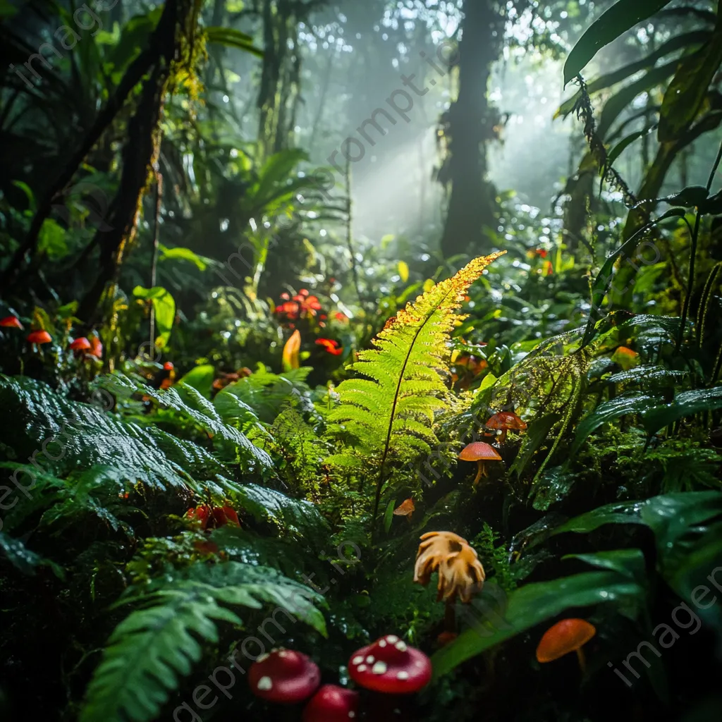 Diverse rainforest floor with colorful mushrooms and ferns - Image 2