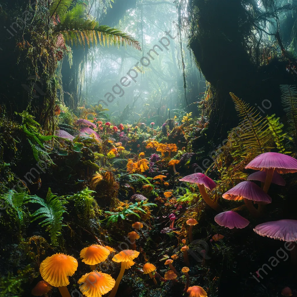 Diverse rainforest floor with colorful mushrooms and ferns - Image 3