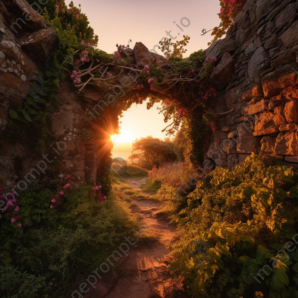 Overgrown trail with ancient stone walls and wildflowers at sunset - Image 2