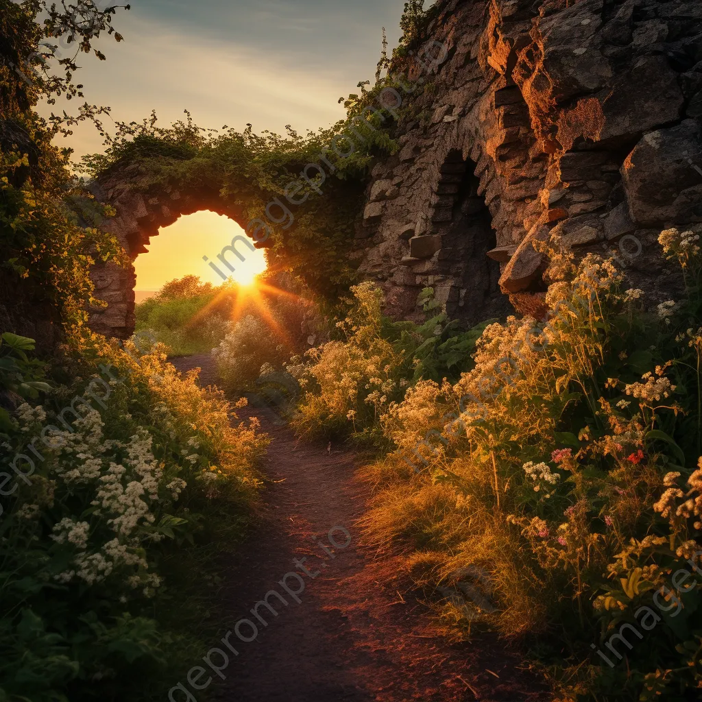 Overgrown trail with ancient stone walls and wildflowers at sunset - Image 3