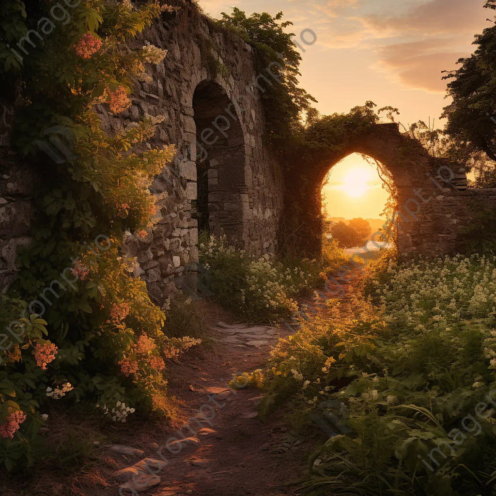 Overgrown trail with ancient stone walls and wildflowers at sunset - Image 4