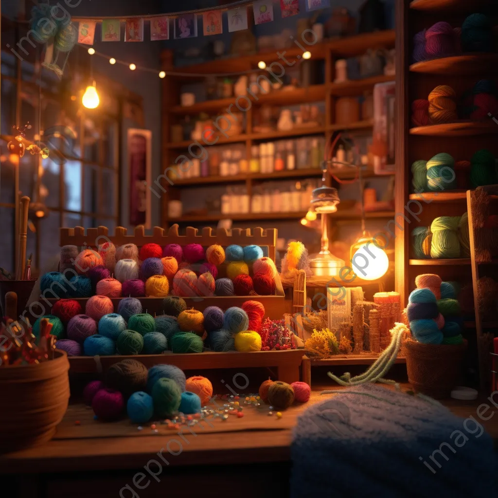 Interior of a knit shop filled with colorful yarns and crafting tools under soft lighting - Image 1