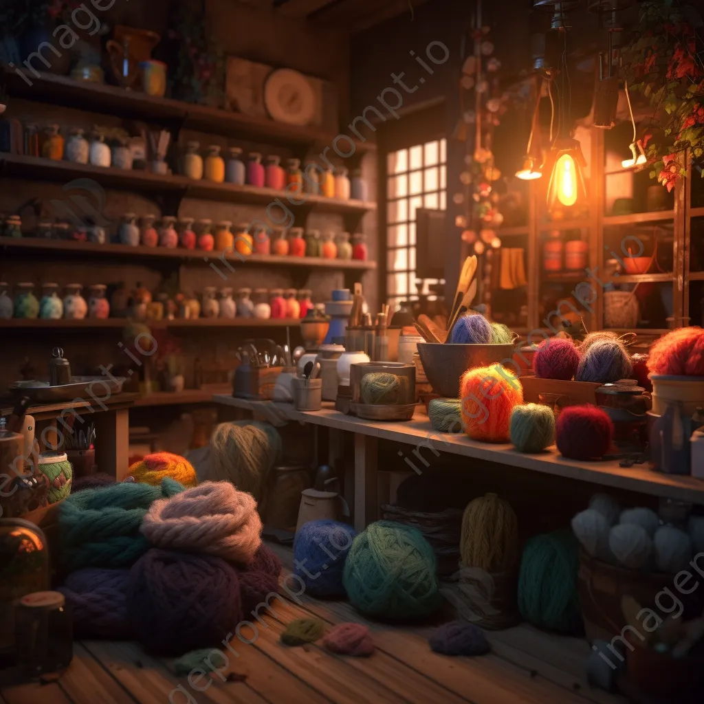 Interior of a knit shop filled with colorful yarns and crafting tools under soft lighting - Image 3