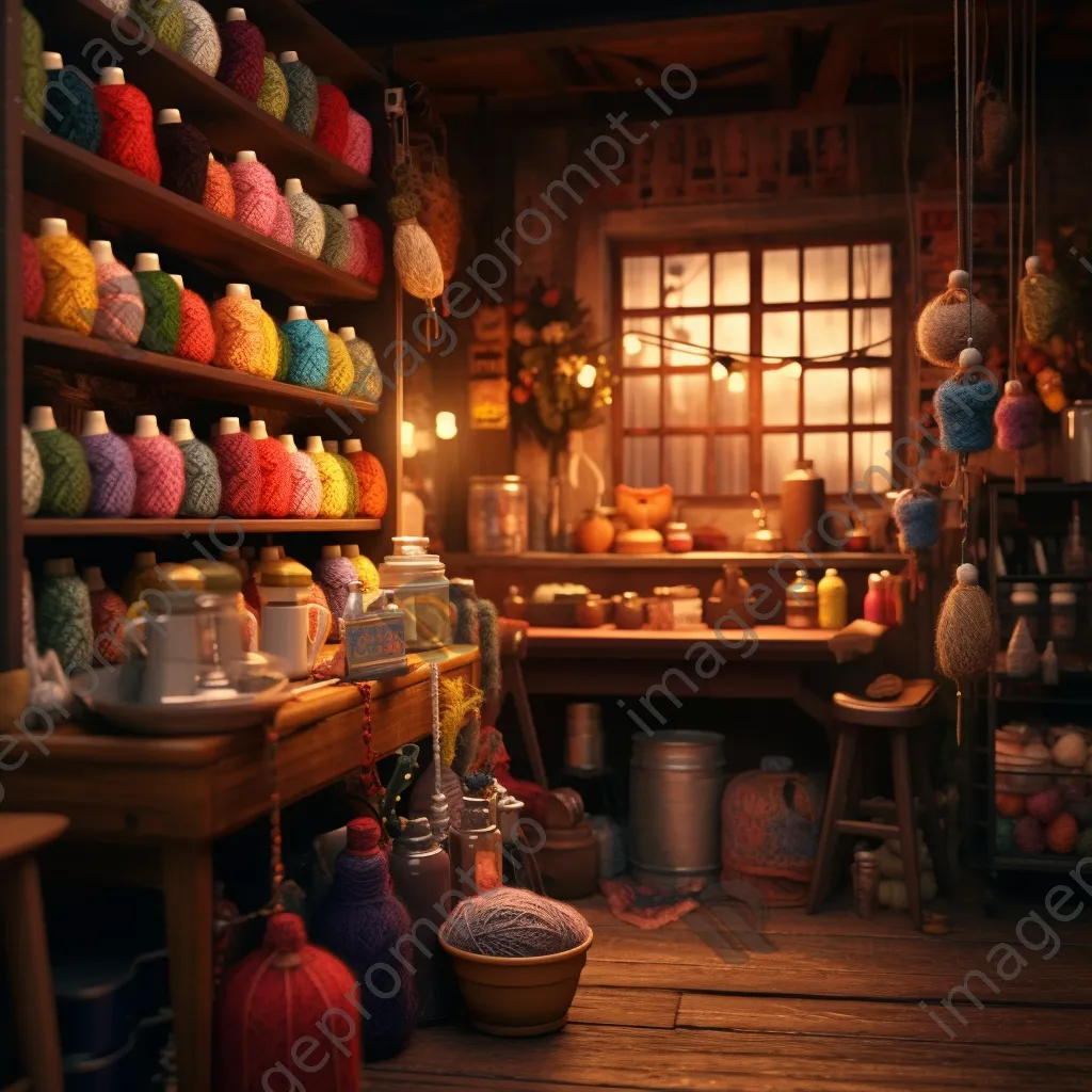 Interior of a knit shop filled with colorful yarns and crafting tools under soft lighting - Image 4