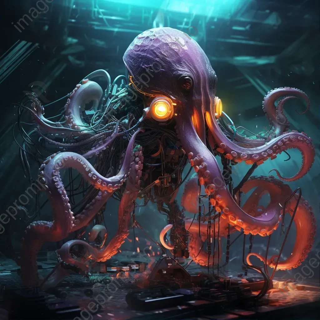 Cybernetic octopus repairing submerged spaceship in neon-tinged digital art - Image 1