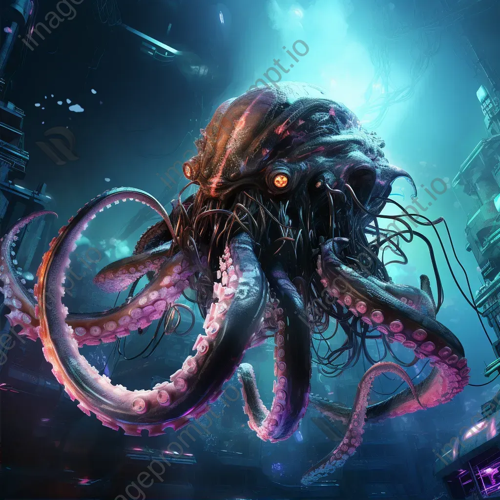 Cybernetic octopus repairing submerged spaceship in neon-tinged digital art - Image 2