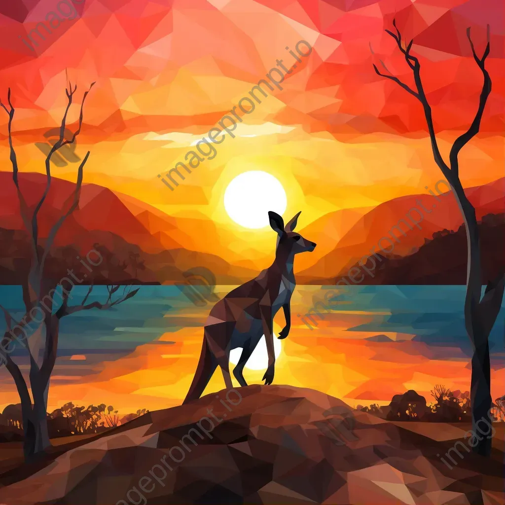 Geometric representation of kangaroo in low poly style against sunset outback backdrop - Image 1