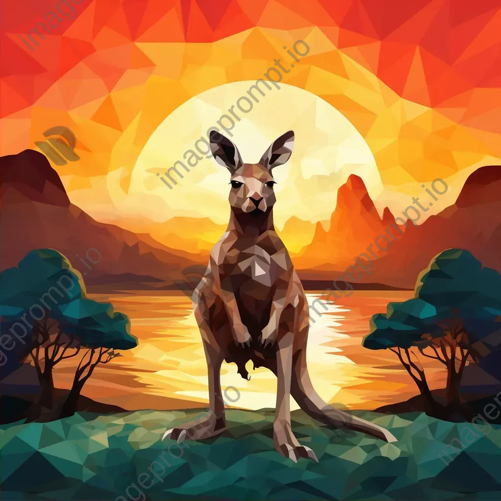 Geometric representation of kangaroo in low poly style against sunset outback backdrop - Image 2