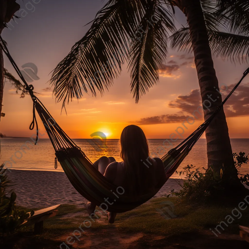 Freelancer working on laptop in hammock at sunset - Image 1