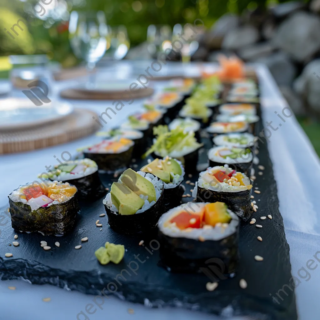 An elegant display of assorted vegan sushi rolls with garnishes on a slate board. - Image 1