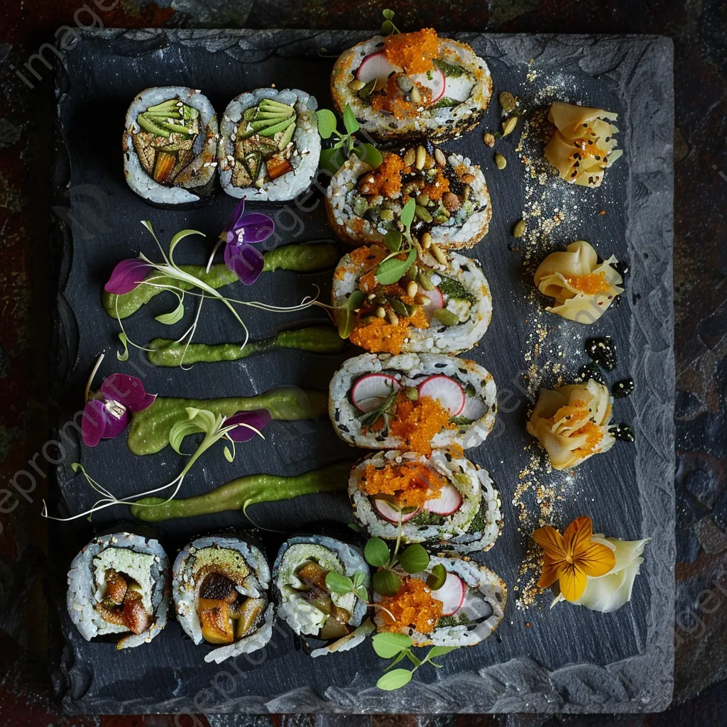 An elegant display of assorted vegan sushi rolls with garnishes on a slate board. - Image 2