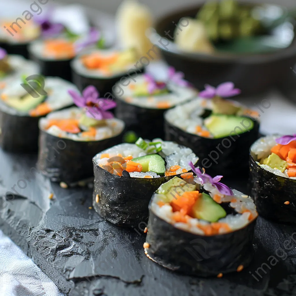 An elegant display of assorted vegan sushi rolls with garnishes on a slate board. - Image 4