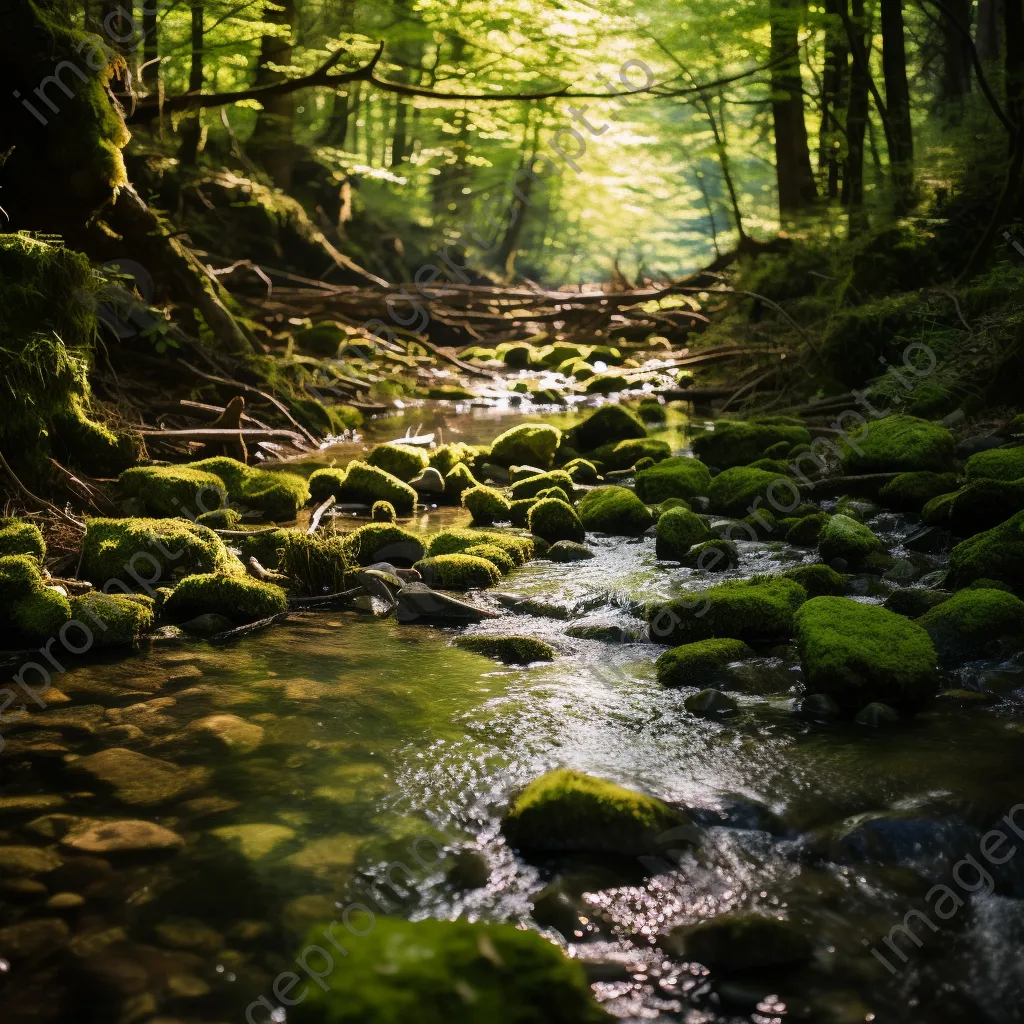 Tranquil forest understory with moss and streams illuminated by warm sunlight. - Image 1