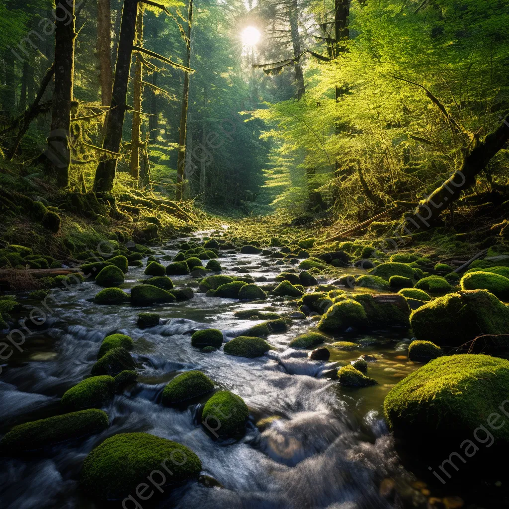 Tranquil forest understory with moss and streams illuminated by warm sunlight. - Image 2