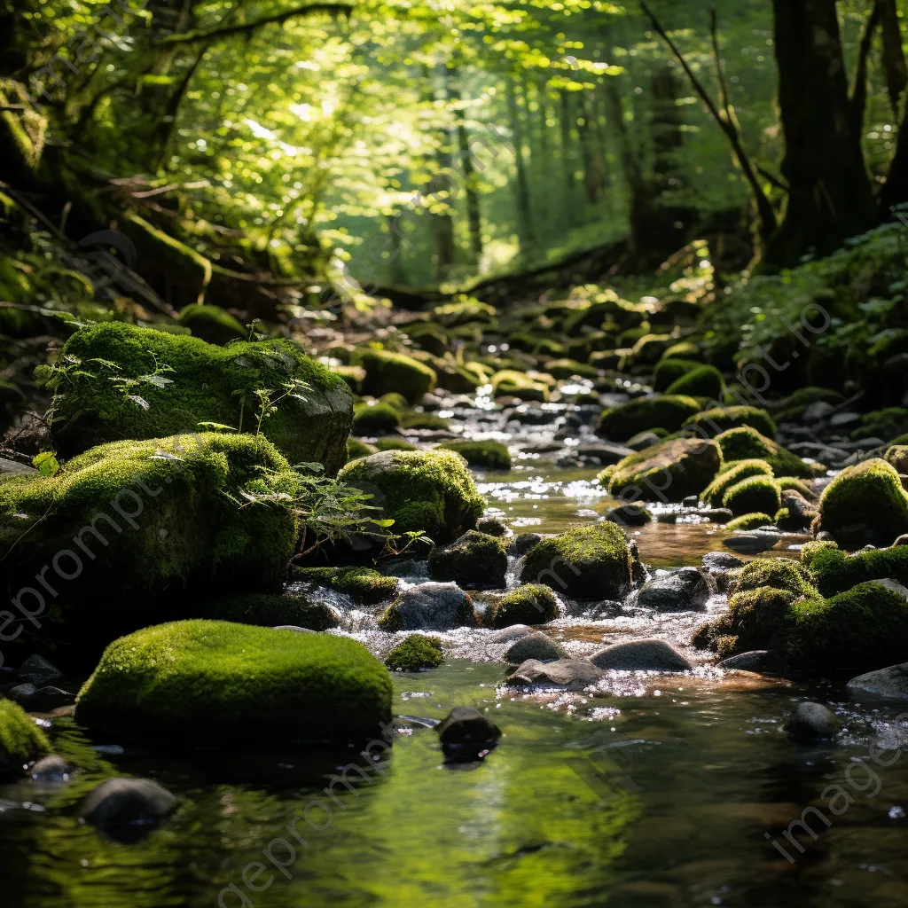 Tranquil forest understory with moss and streams illuminated by warm sunlight. - Image 3