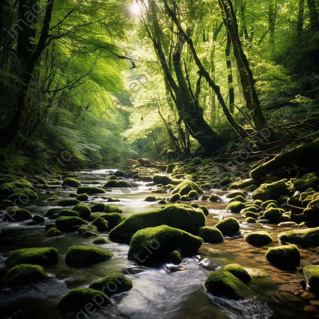 Tranquil forest understory with moss and streams illuminated by warm sunlight. - Image 4