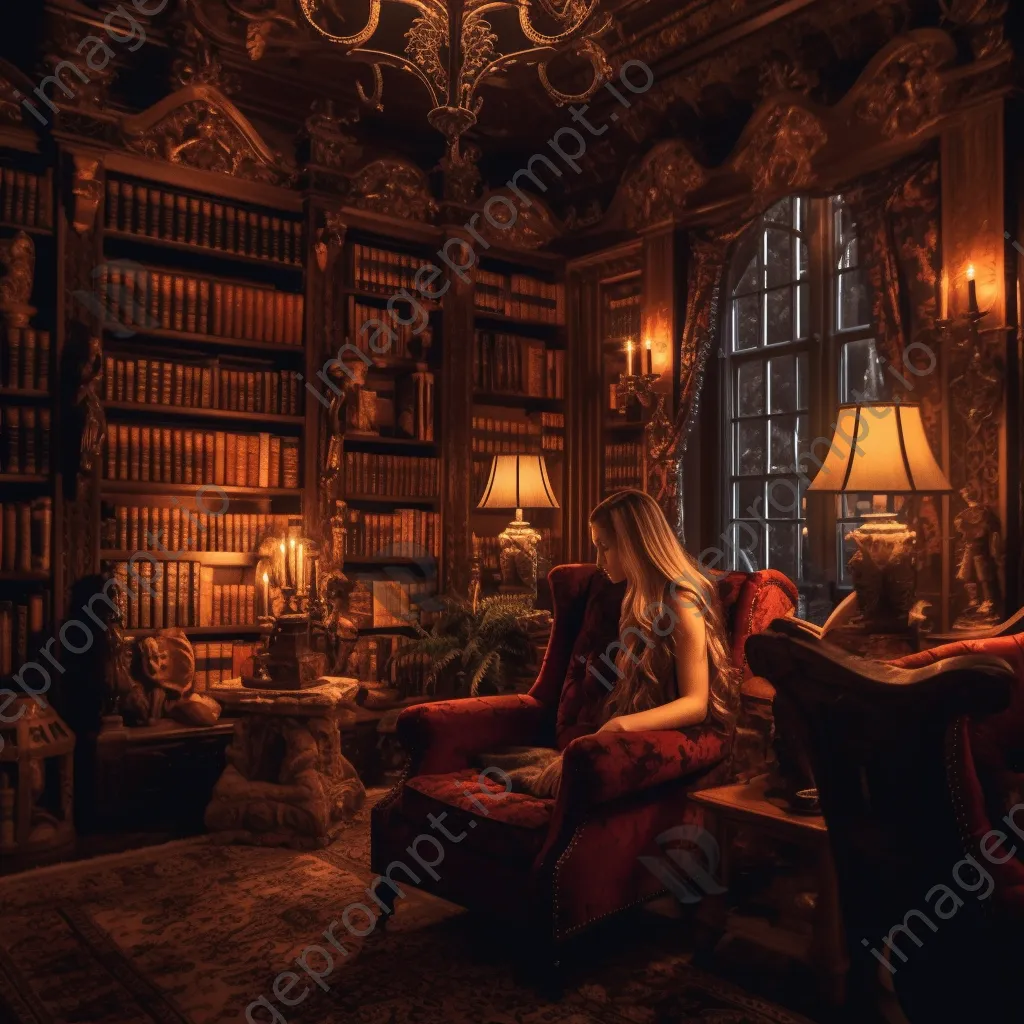 A reader in a cozy library with wooden furnishings and warm lighting. - Image 1