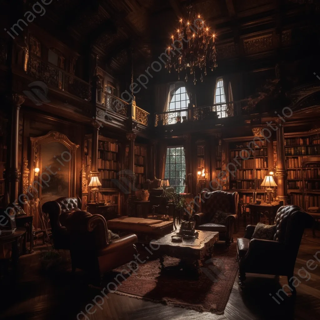 A reader in a cozy library with wooden furnishings and warm lighting. - Image 4