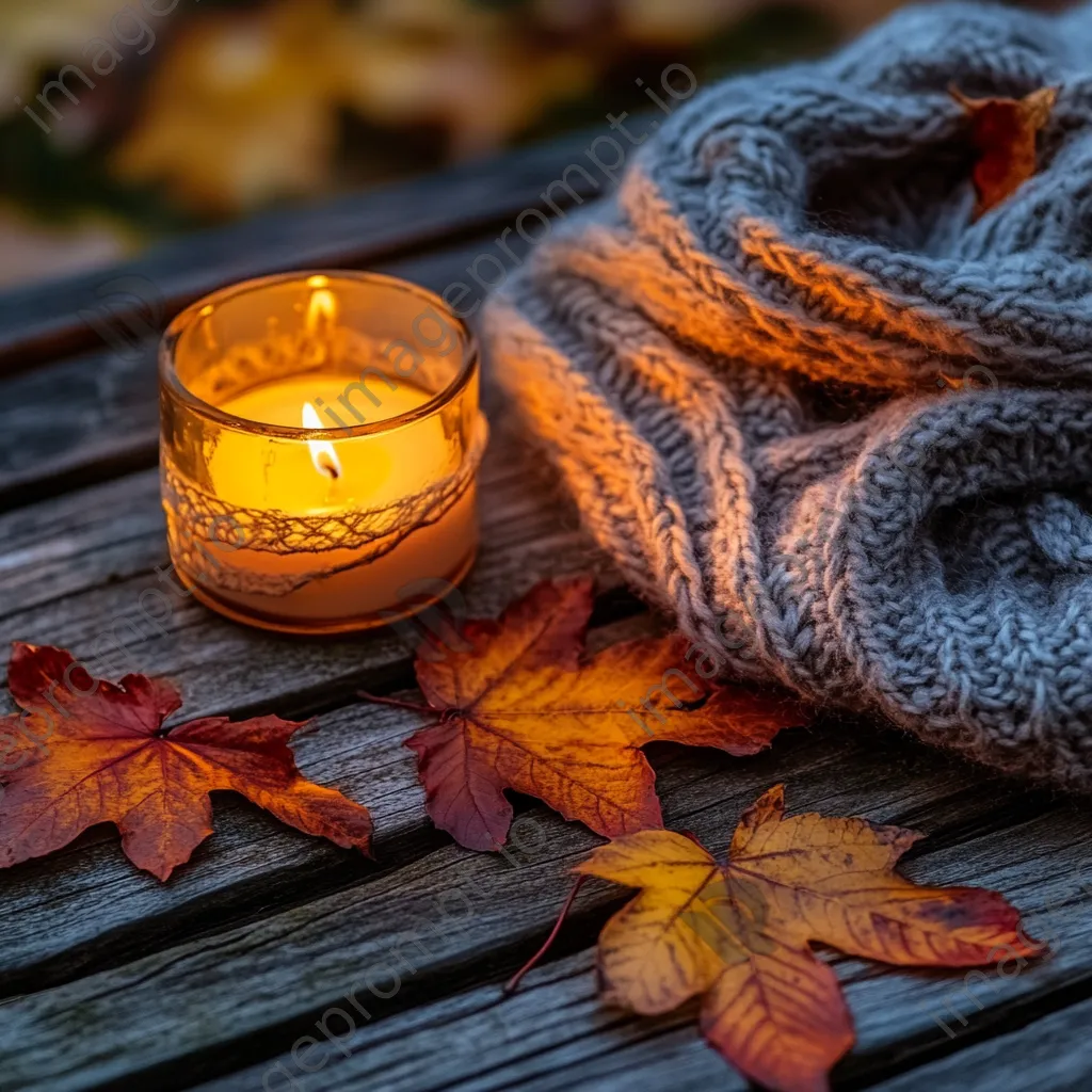 Rustic table adorned with red and orange leaves, a lit candle, and a wool scarf - Image 1