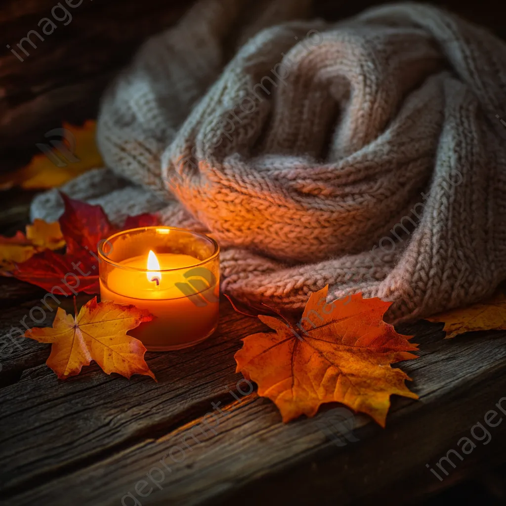 Rustic table adorned with red and orange leaves, a lit candle, and a wool scarf - Image 2