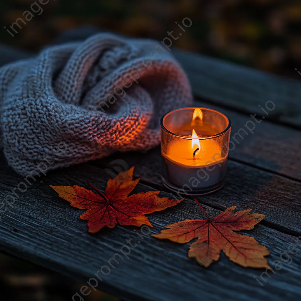 Rustic table adorned with red and orange leaves, a lit candle, and a wool scarf - Image 3