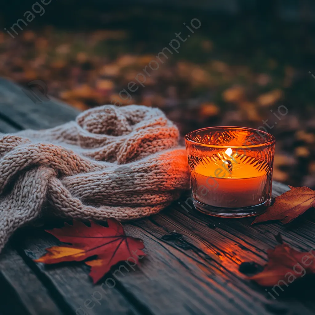 Rustic table adorned with red and orange leaves, a lit candle, and a wool scarf - Image 4