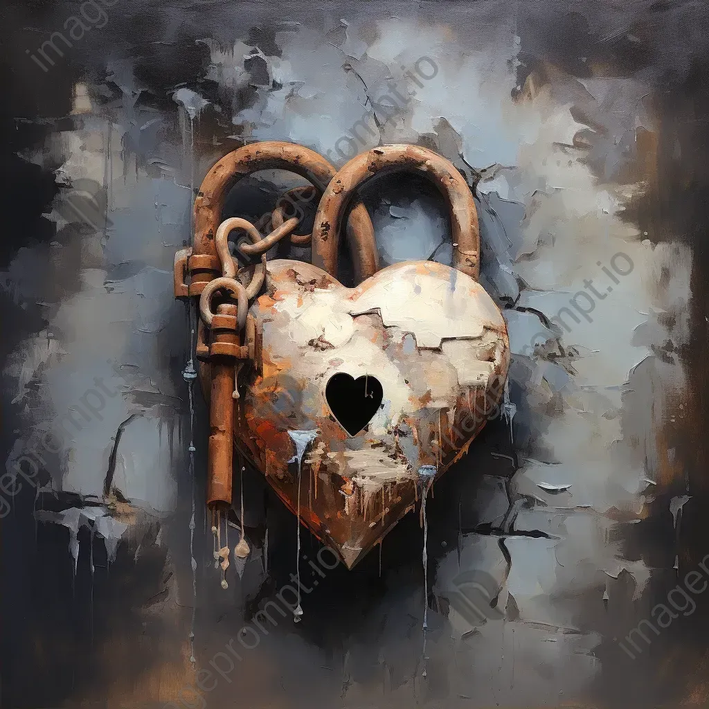 Oil painting of an old locked heart-shaped padlock representing enduring love - Image 2