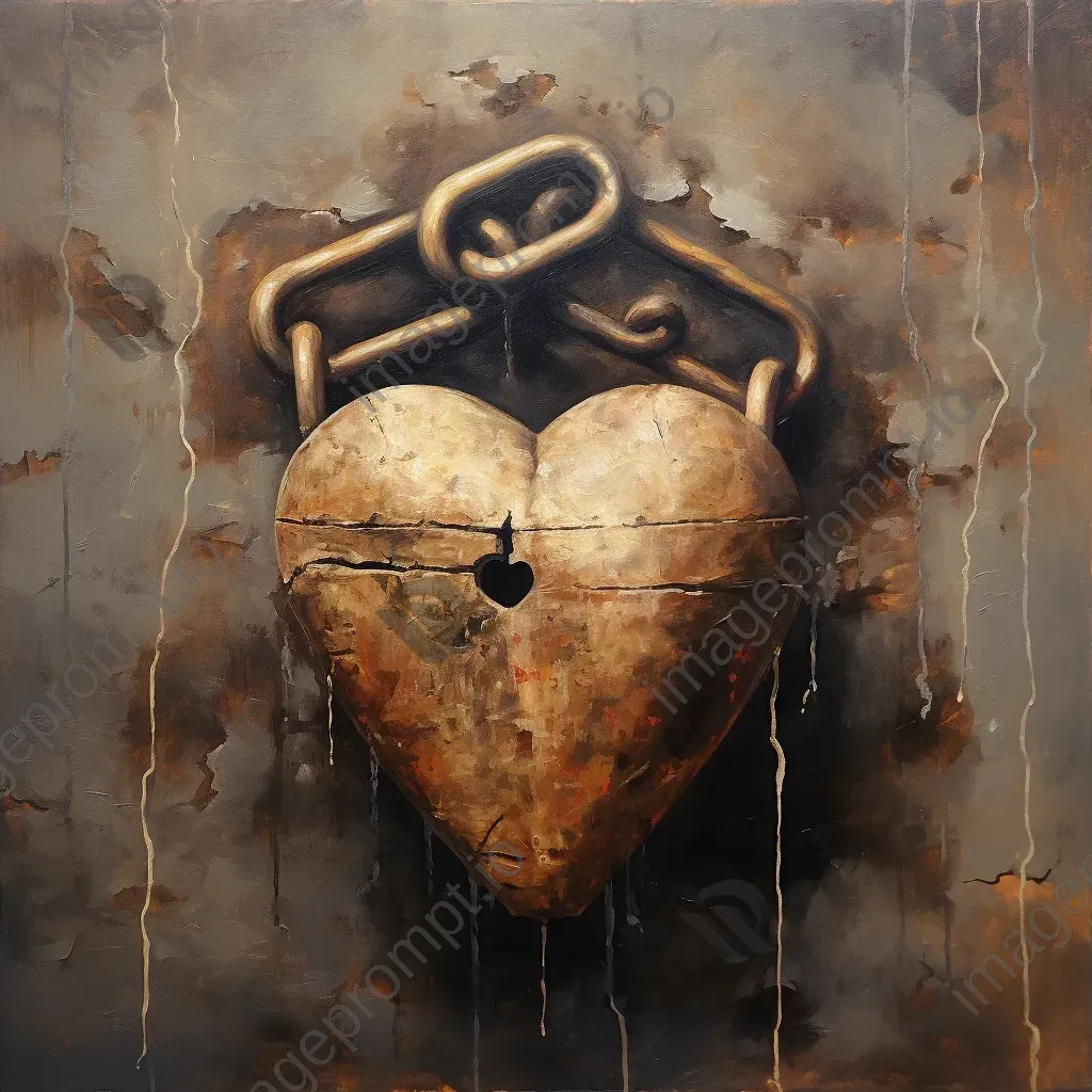 Oil painting of an old locked heart-shaped padlock representing enduring love - Image 3