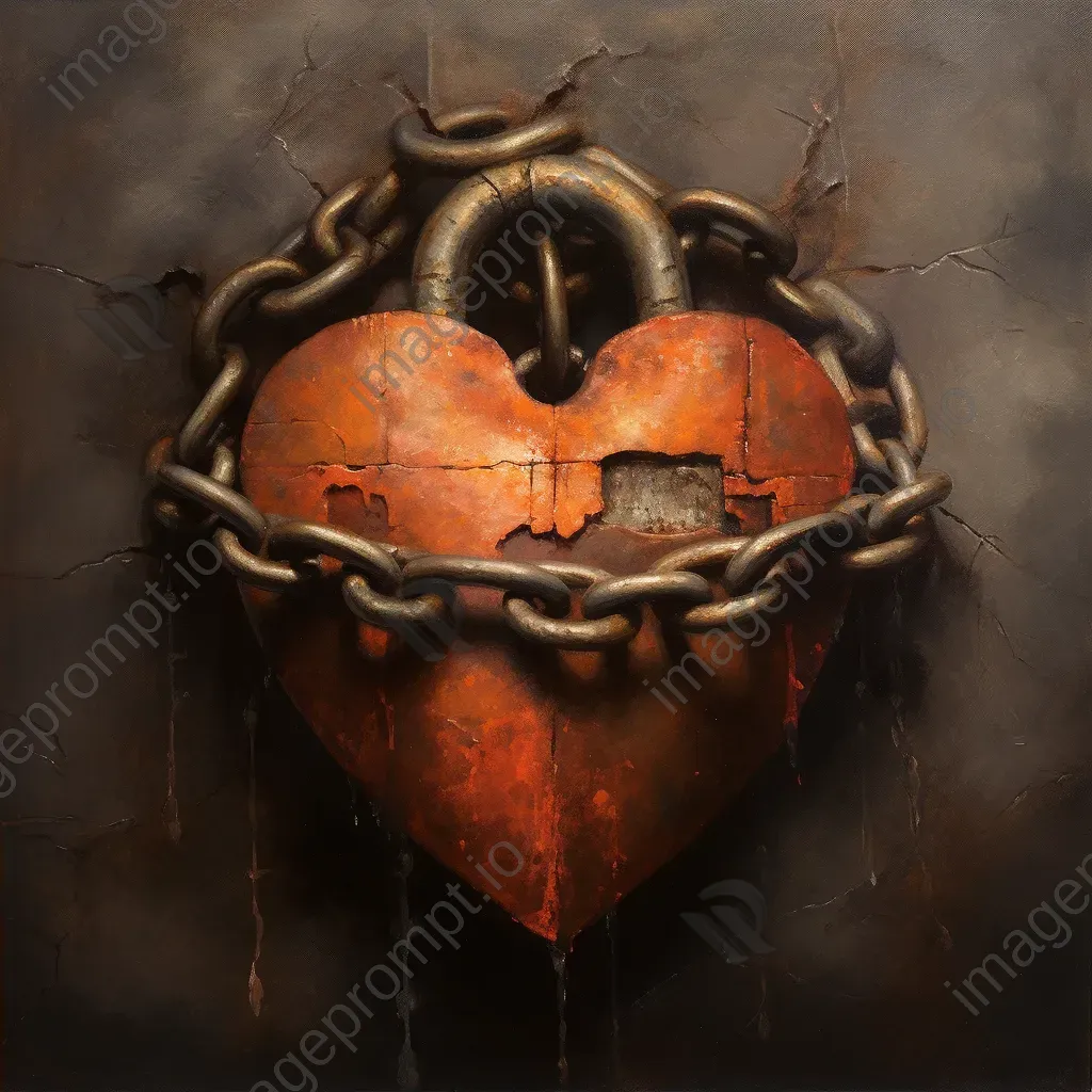 Oil painting of an old locked heart-shaped padlock representing enduring love - Image 4