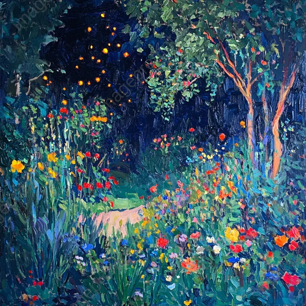 A vibrant, Fauvist portrayal of a rustic garden illuminated by fireflies at dusk - Image 2