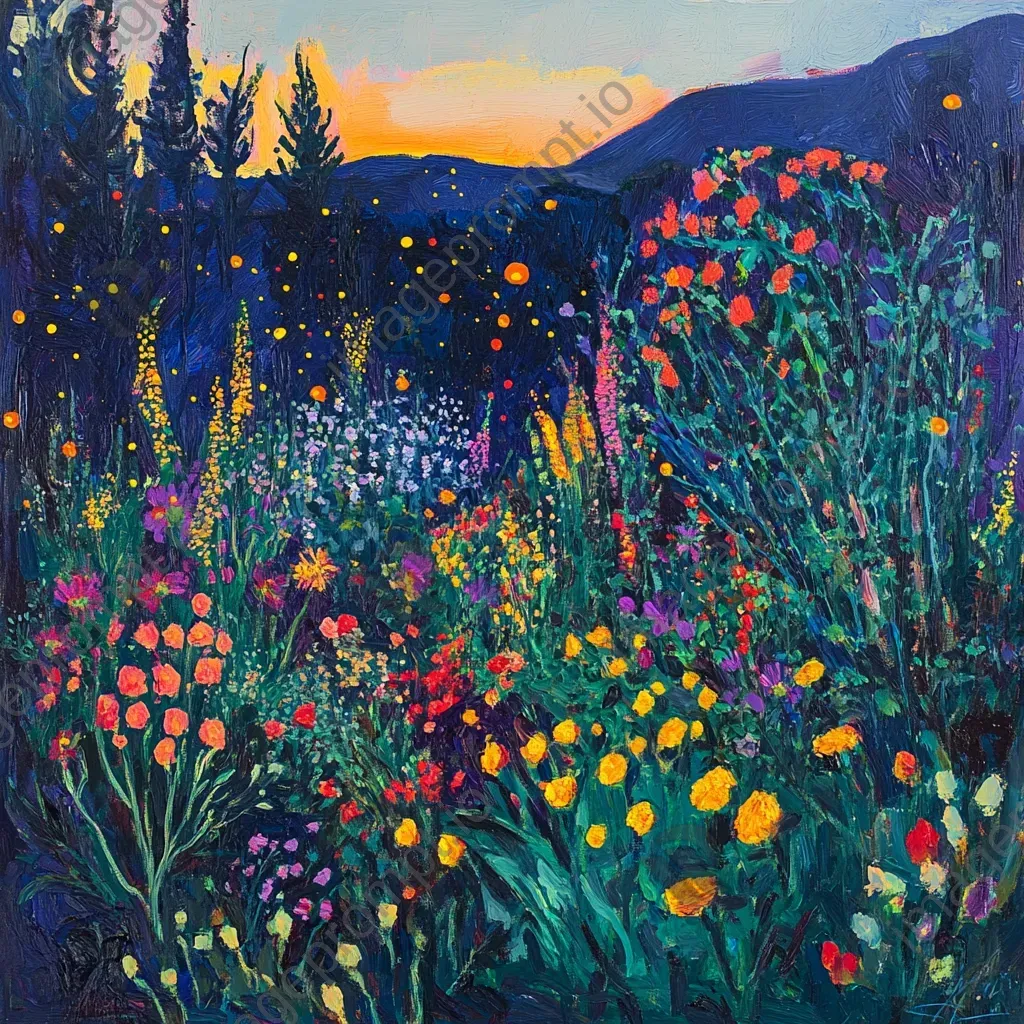 A vibrant, Fauvist portrayal of a rustic garden illuminated by fireflies at dusk - Image 3