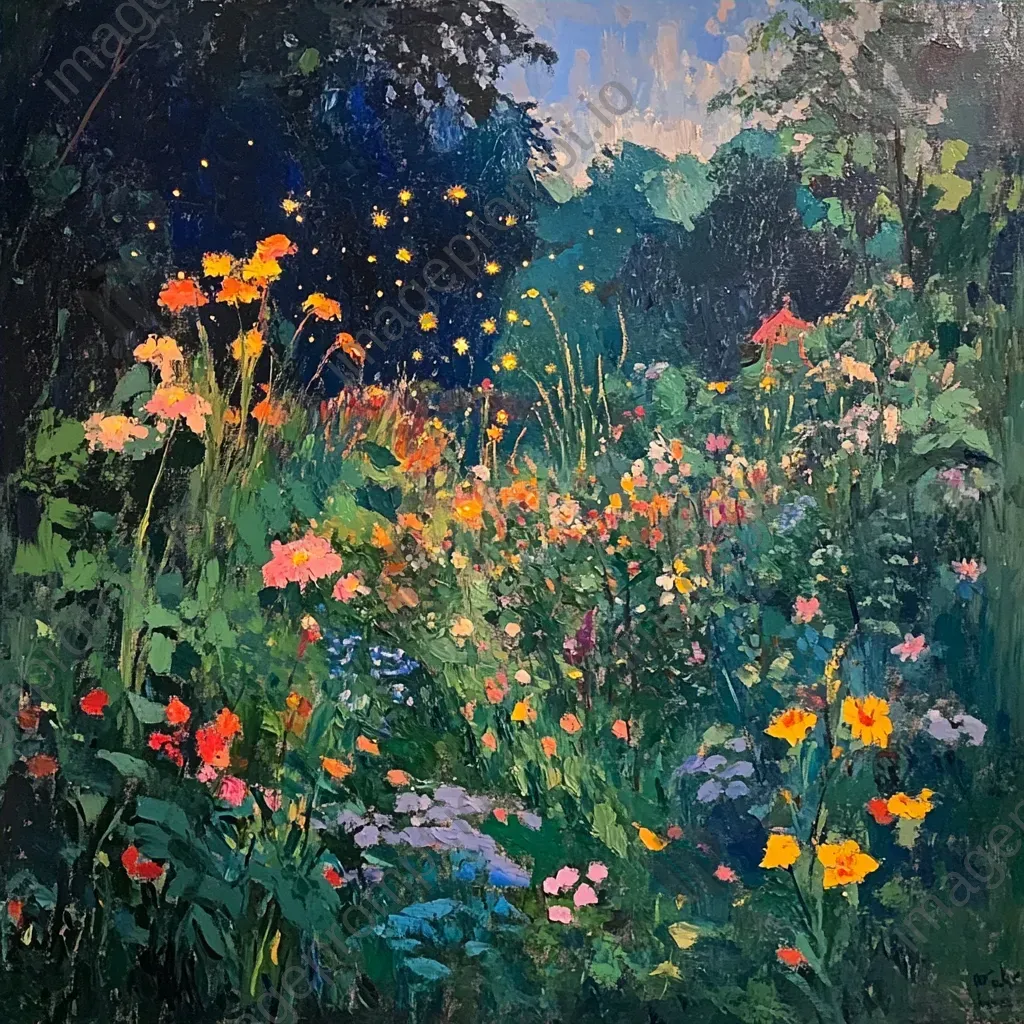 A vibrant, Fauvist portrayal of a rustic garden illuminated by fireflies at dusk - Image 4