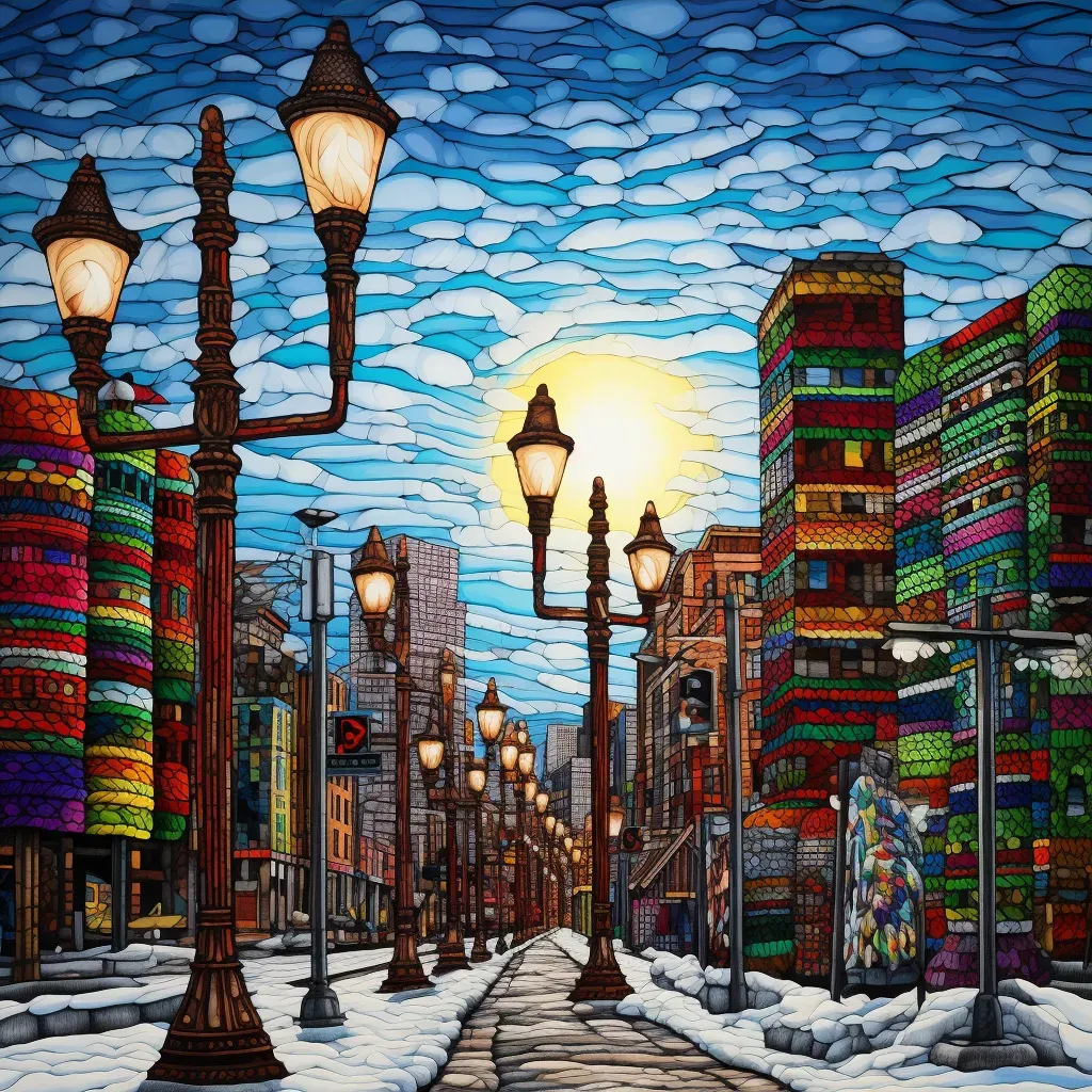 Lamp posts wrapped in colorful, knitted yarn bombs adding warmth to the urban setting - Image 3