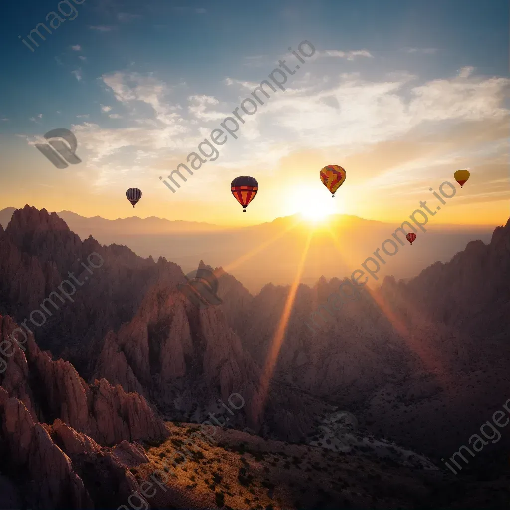 Hot air balloons ascending over a rugged mountain range at sunset - Image 1